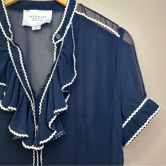 The Shirt by Rochelle Behrens Blue Ruffled Trimmed Sheer Short Sleeve Blouse - Picture 5 of 8